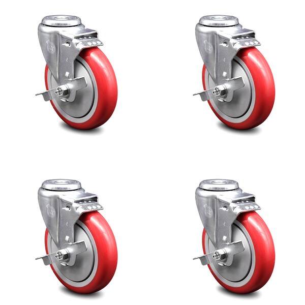 5 Inch Red Polyurethane Wheel Swivel Bolt Hole Caster Set with Brake SCC